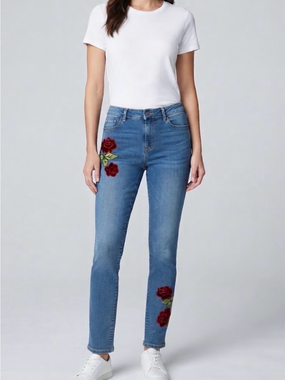 Venus Womens 8 Jeans Retro slim High Denim velvet red Rose Floral Embroidered